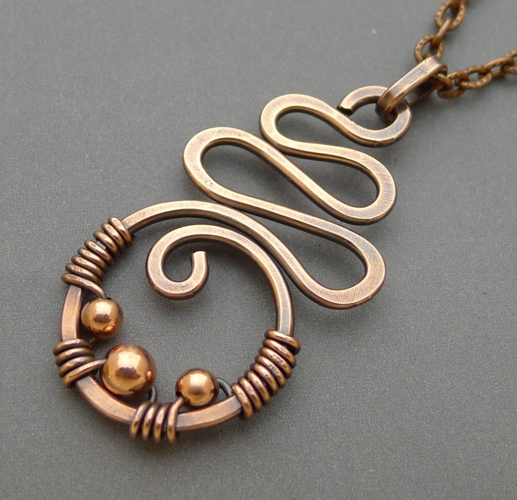 Oxidized Copper Squiggle Necklace with Copper Beads