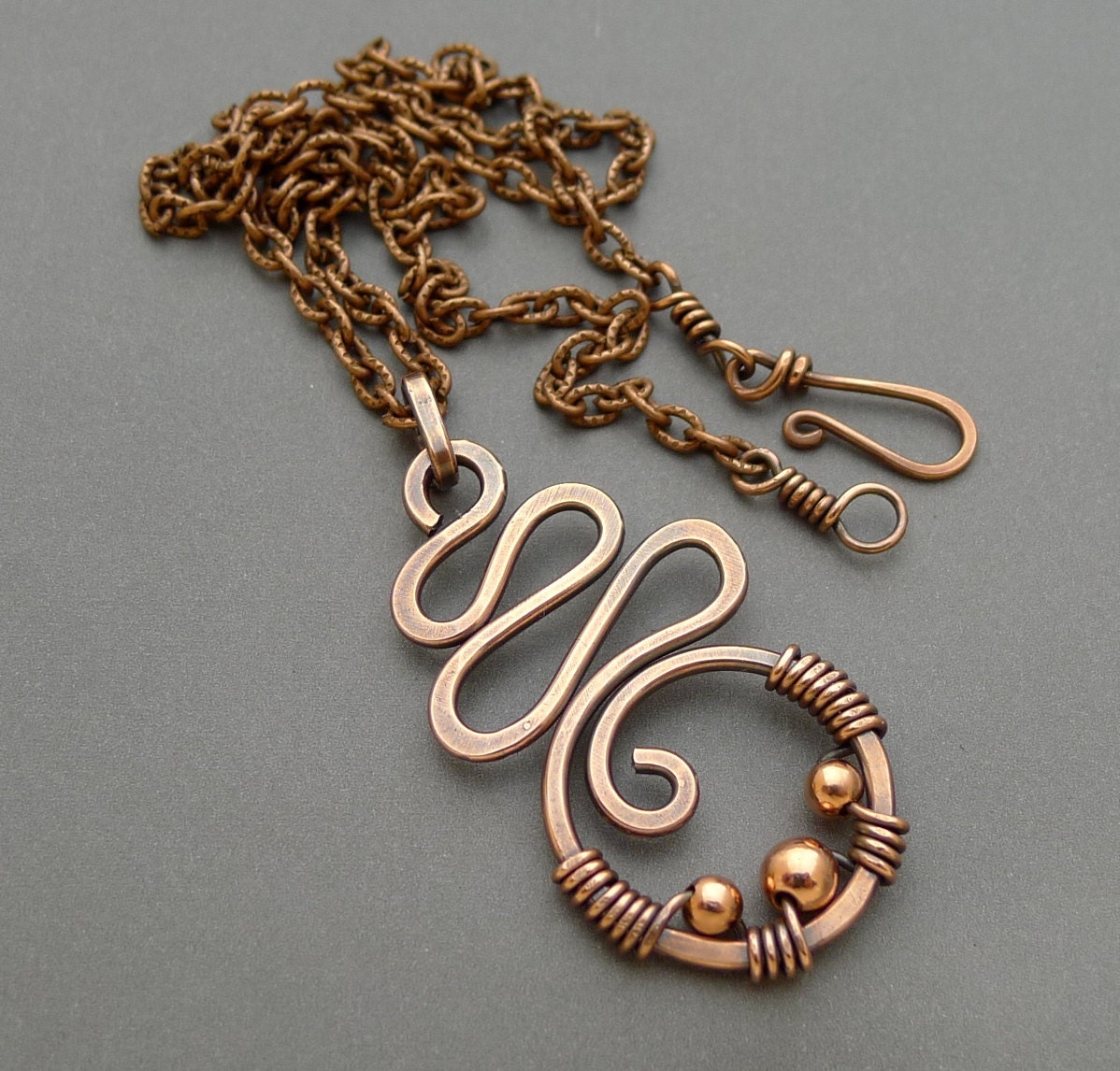 Oxidized Copper Squiggle Necklace with Copper Beads