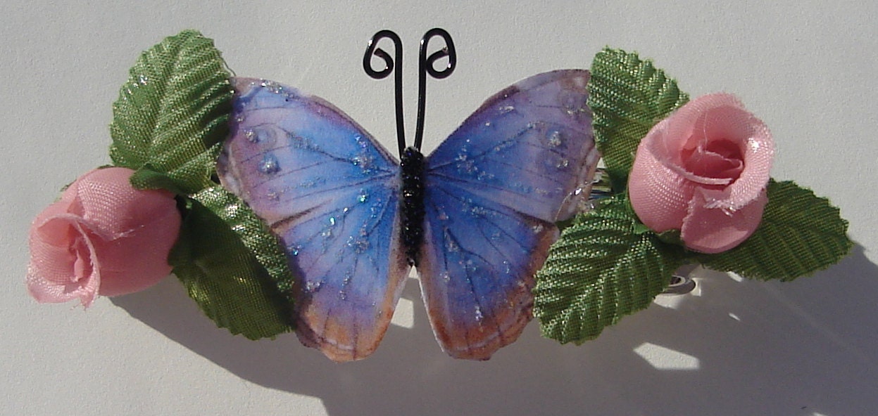 vintage butterfly and pink rose barrette hair clip