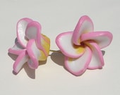 small pink with yellow and white  polymer clay hibiscus PIERCED earrings