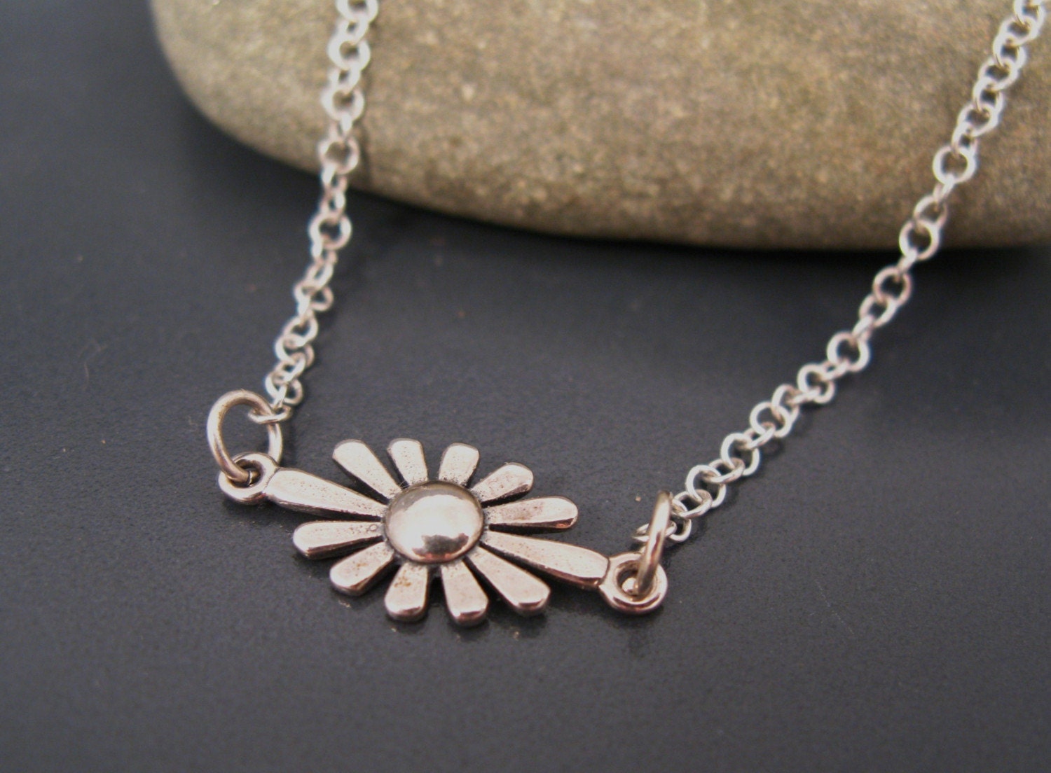 Silver flower necklace, daisy necklace, bar necklace sterling silver, Spring jewelry
