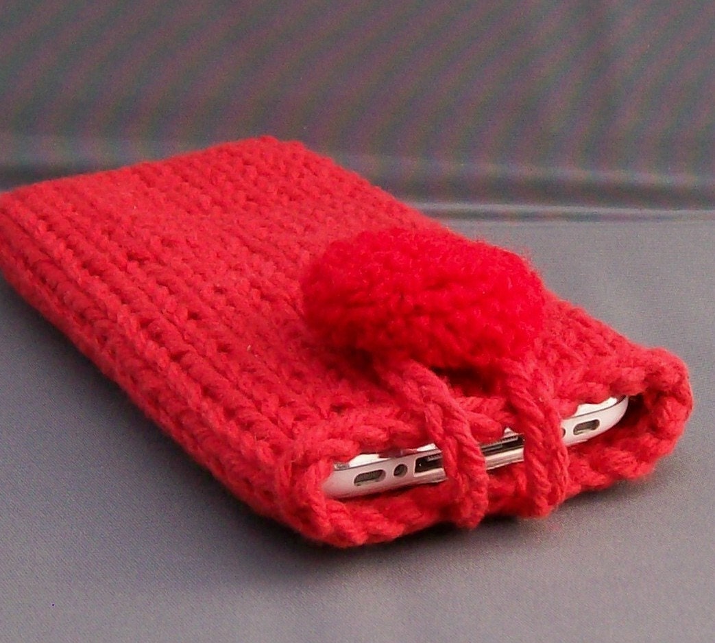 iPhone 5, iPod Touch Cozy Smartphone Case Hand Knit Red with Red  Punch Embroidered Covered Button Gift