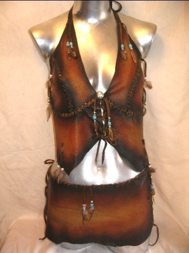 Artisan Made Leather Halter Top and Loincloth Set Bustier Corset Set Distressed Color Deerskin Custom HandMade by Debbie Leather