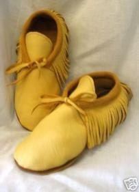 Traditional Leather Moccasins with Fringe in Gold Deerskin Indian Shoes Custom Handmade by Debbie Leather