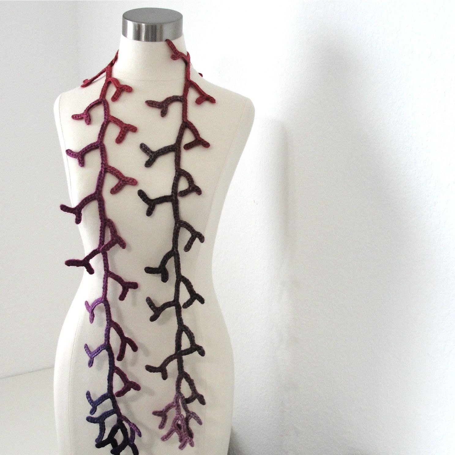 Crocheted Art Scarf: Petite Enchanted Forest Lariat Women Crocheted Scarf Statement Neckware in Plum Mist