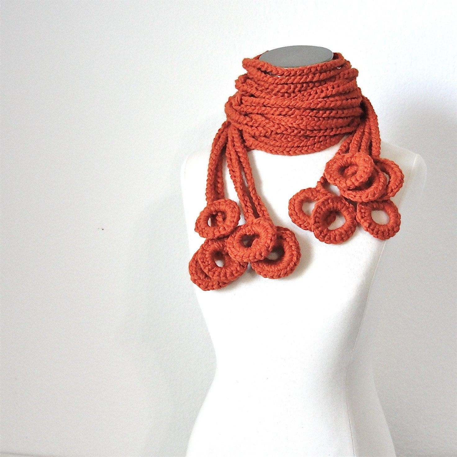 Tangerine Tango Orange Mega Loops Hand Crocheted Unique Art Scarf