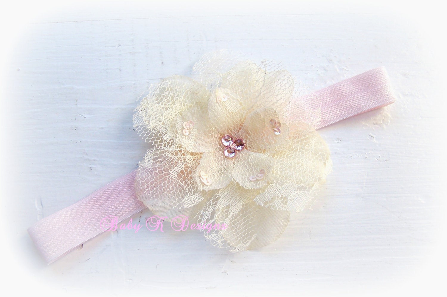 LOLA Vintage Lace Fabric Flower Sweet Cream Pink  Stretch Headband  Rhinestone Center  Newborns, Babies Toddlers Big Girls Adults Photo Pro