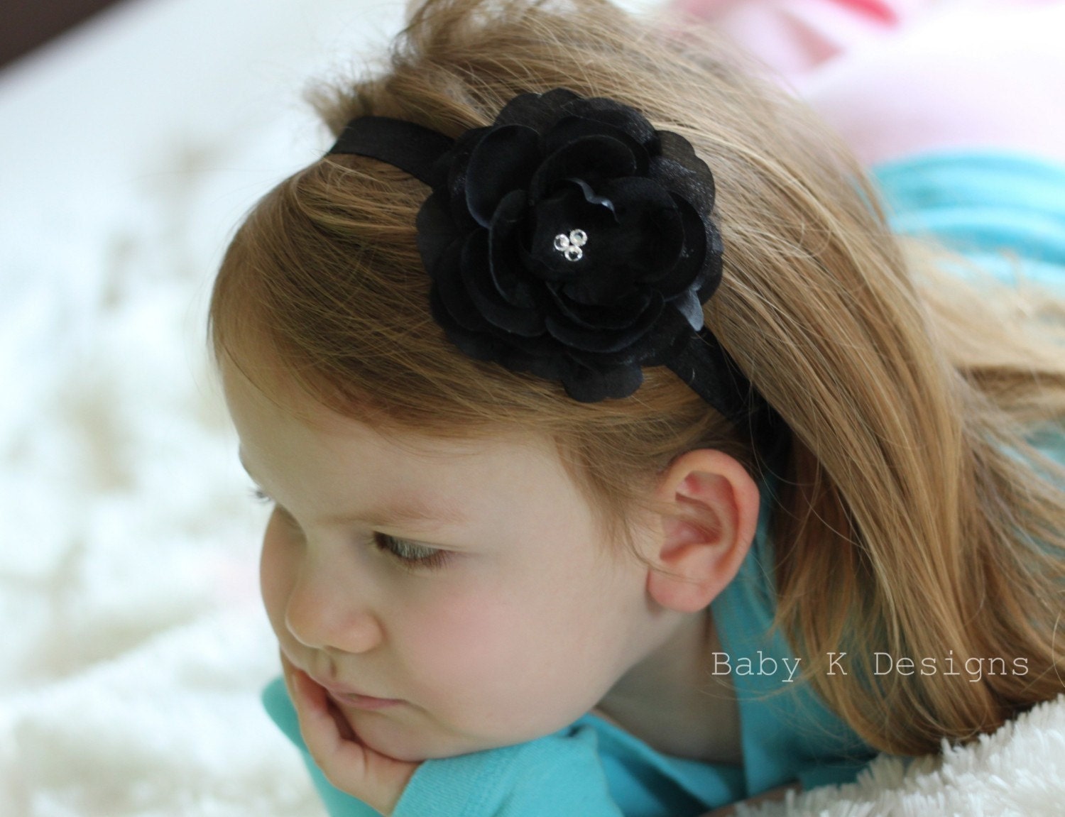 Classic Black OLIVIA Flower with Swarovski Crystal  Stretch Headband PORTRAIT Set For Infants / Newborn / Toddlers Girls up to adults