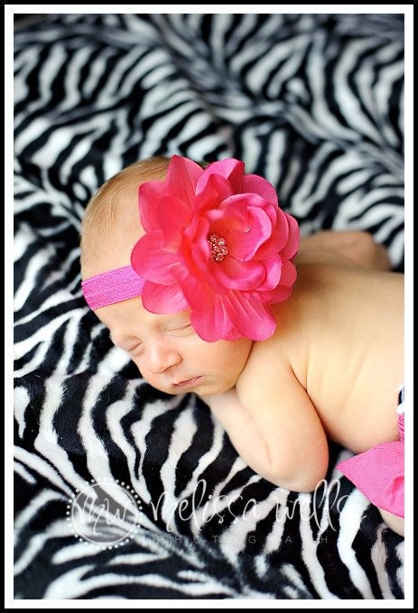 Newborn Heaband / Baby Headband / Girls Headband / Infan Heaband / Hot Pink AVA Flower Multi Crystal Center and Stretch Headband