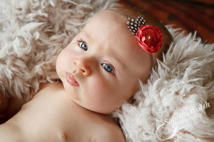 Newborn Headband / Baby Headband / Girls Headband ANISTON Coral Satin Flower and Feather Elastic Headband