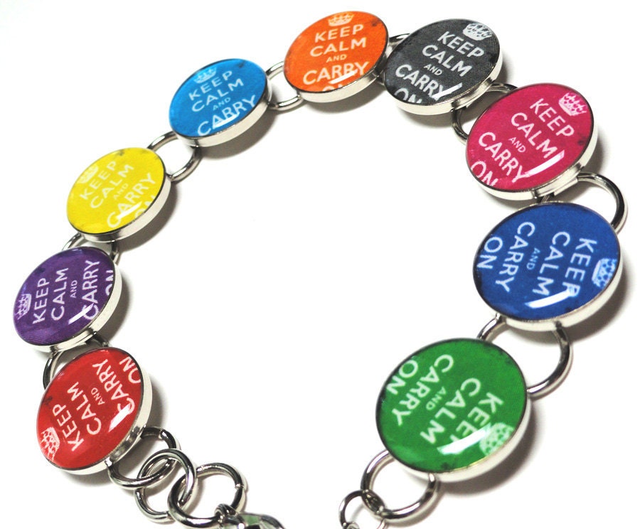 Keep Calm And Carry On Vintage Style Multi Color Silver Plated Resin Charm Link Bracelet