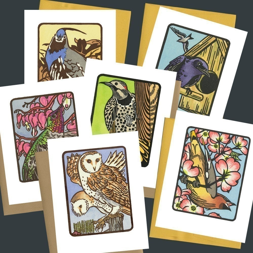 FLOCK set of 6 different blank bird greeting cards, assorted