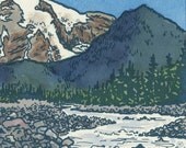 NISQUALLY RIVER RAPIDS original hand colored letterpress print featuring Mt. Rainier