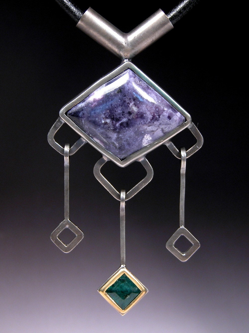 Sterling Silver Pendant with 22 karat gold, Emerald, and Bertrandite TWILIGHT WATCH