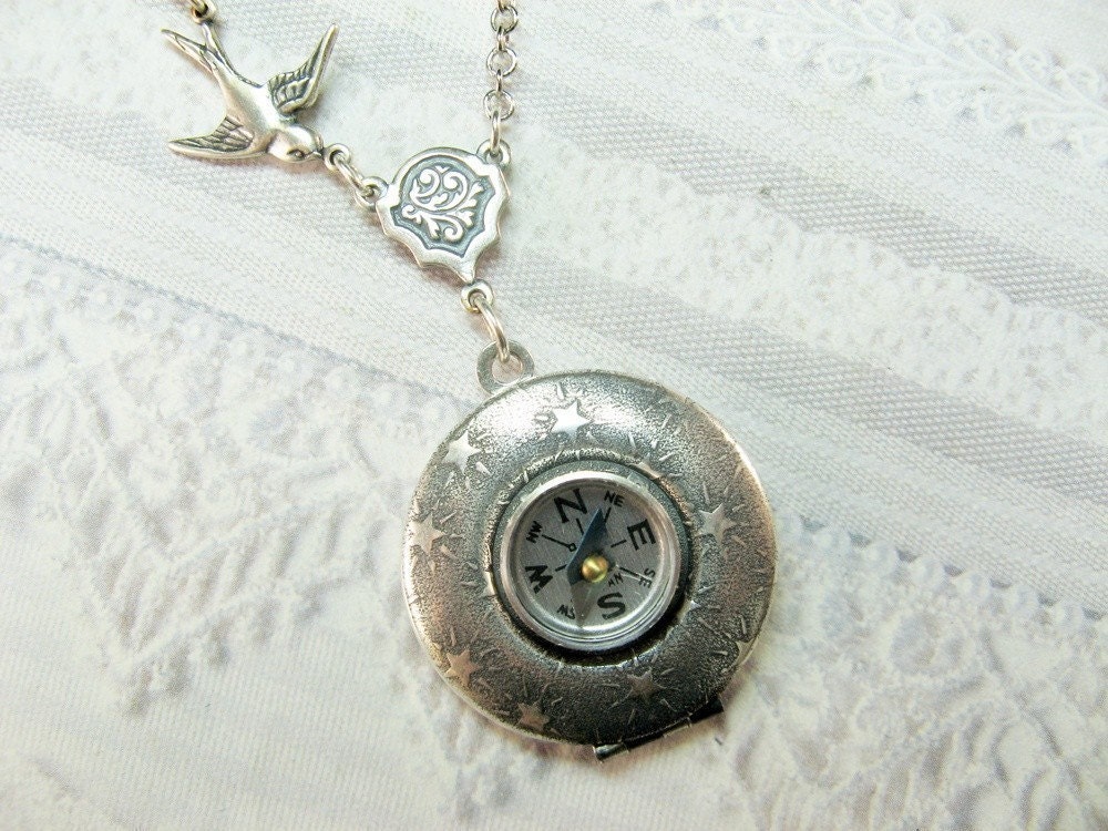 Silver Locket Necklace - The ORIGINAL Stars Will Guide You COMPASS LOCKET - Jewelry by BirdzNbeez - Graduation Wedding Birthday Gift