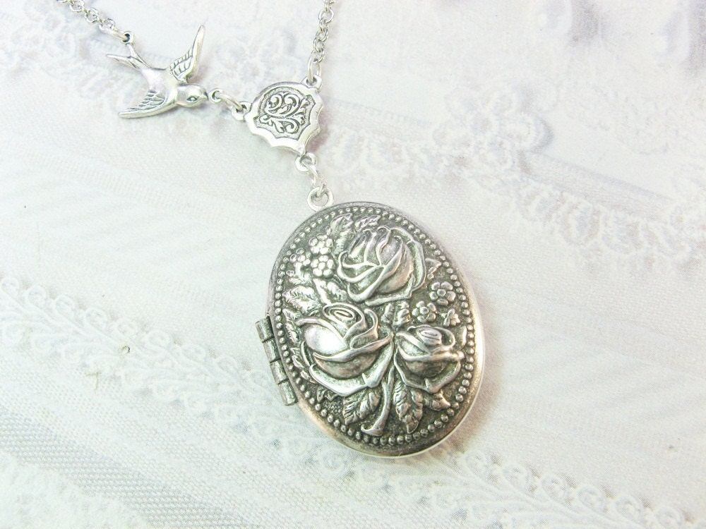 Silver Locket Necklace - Silver Rose Garden - ROSE LOCKET -  The ORIGINAL - Jewelry by BirdzNbeez -  Wedding Birthday Bridesmaids Gift