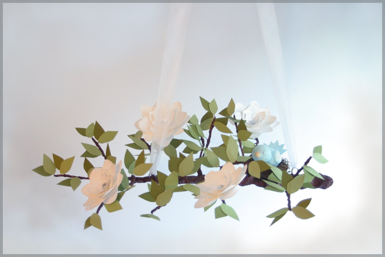 White English Garden Bloom Tree Limb with Tealy Blue Bird- Baby Mobile- Nursery Mobile