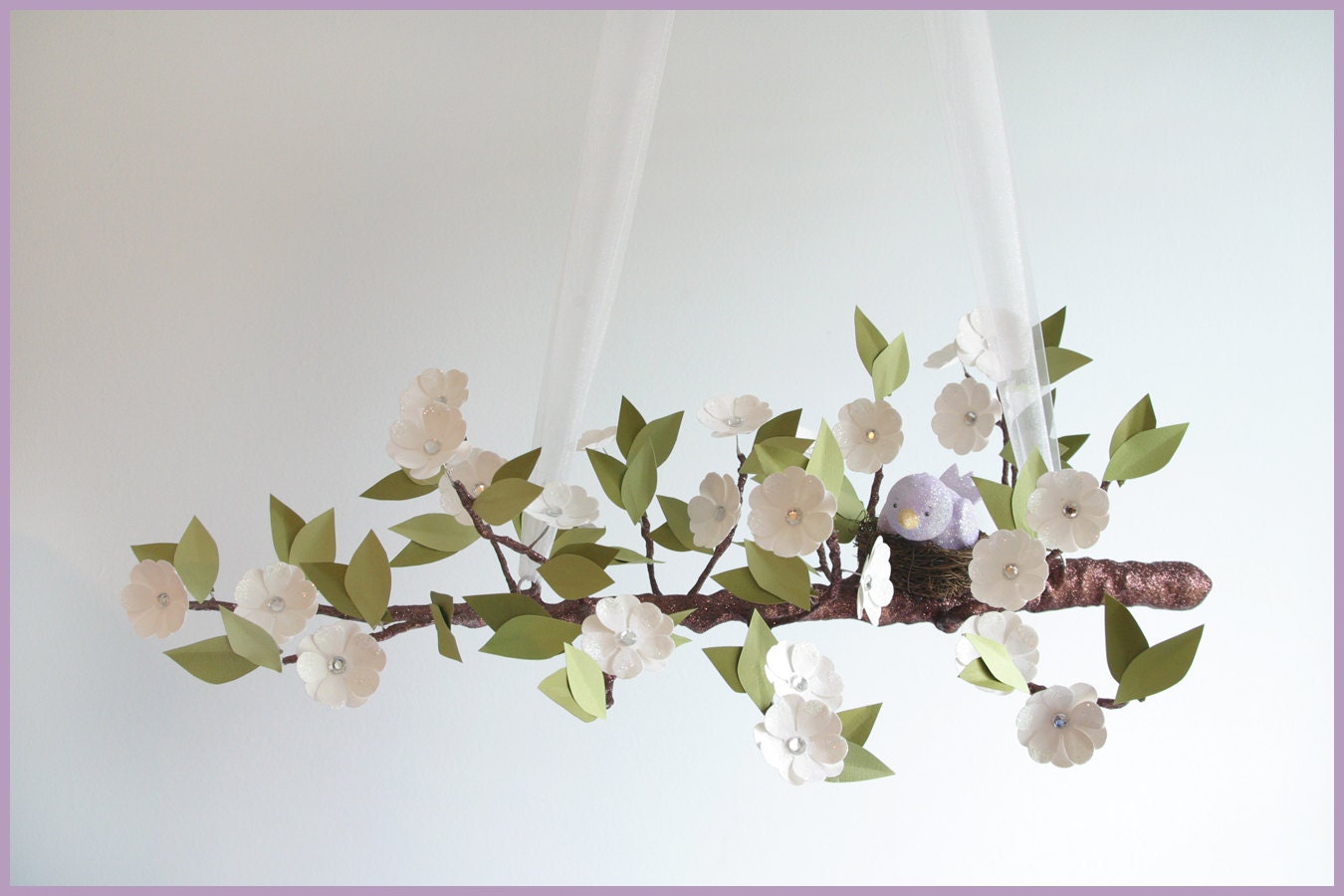White tree limb with purple bird mobile- Baby Mobile- Nursery Mobile