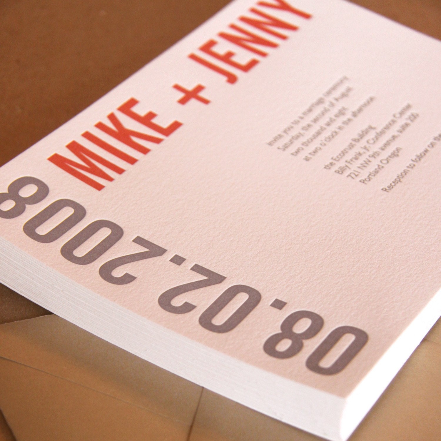 Wedding, Letterpress : Modern Block Invitations, set of 100 extra large flat cards w personalized text, ink, & envelope color choice