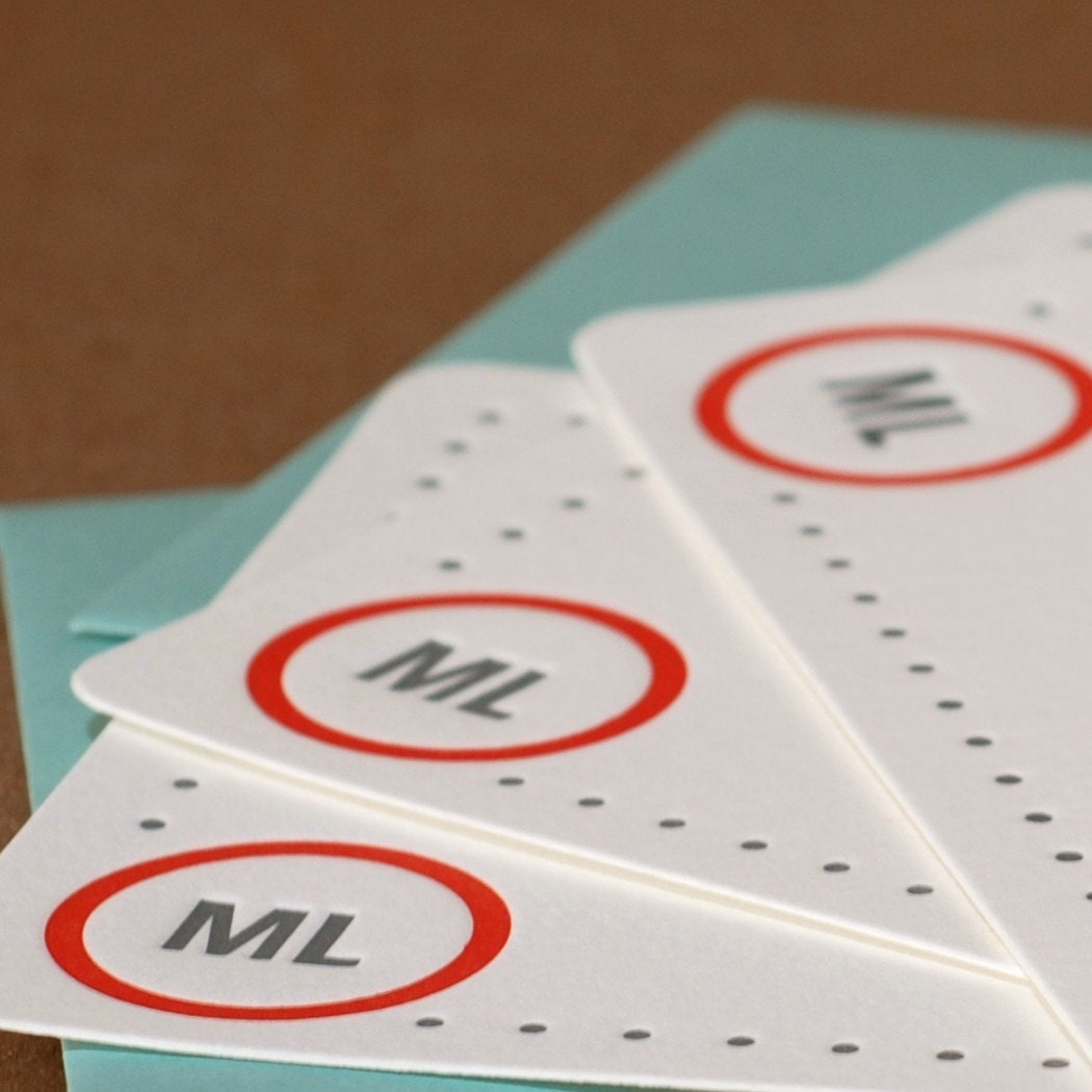 Letterpress Monogram Stationery : Modern Circle Personalized Stationery, 25 medium flat notes w ink and envelope color choice