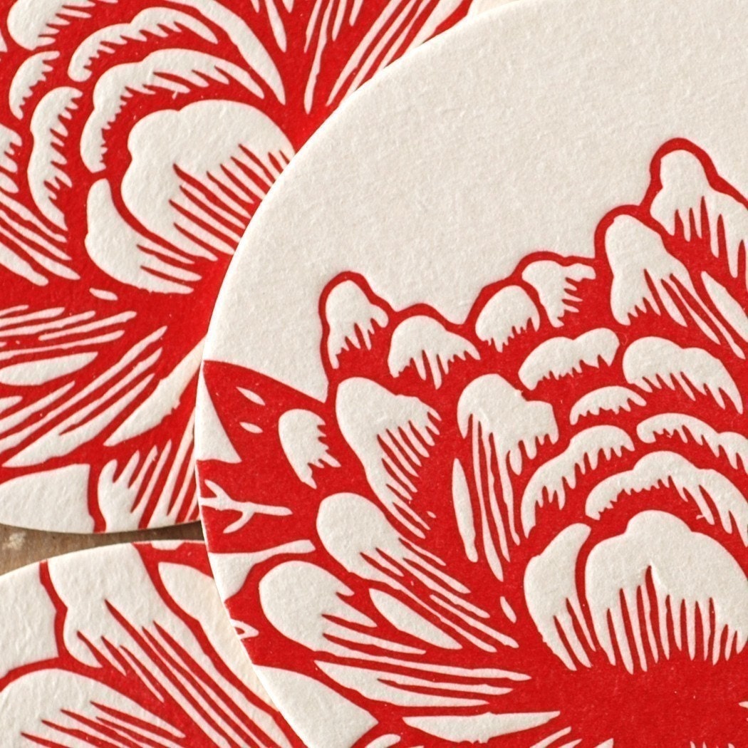 Letterpress Coasters : Scarlet Blossoming Flower Coasters, box of 20 coasters in kraft box