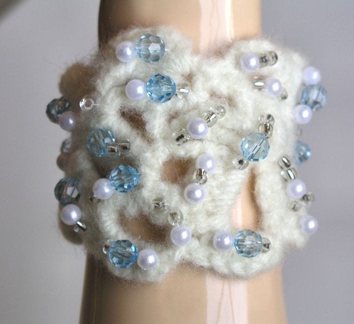 Felted wool and beaded cuff/bracelet...Ice Princess