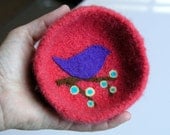 Felted wool bowl with bird and flowers in the bottom