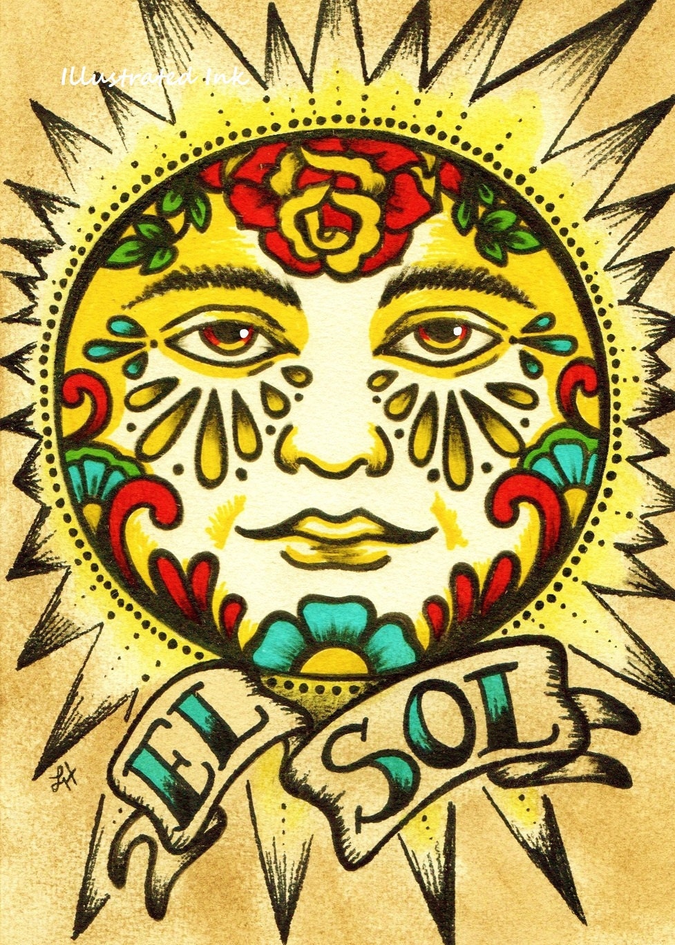 Old School Tattoo Art Print Loteria El SOL & LA LUNA 5 x 7 Set
