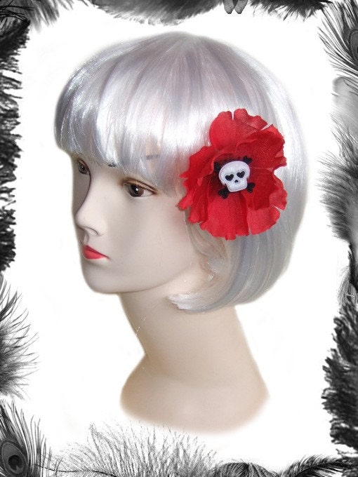 Red Skull Flower Hair Clip, Gothic, Psychobilly