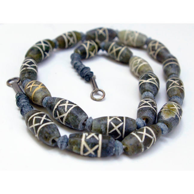 Jade Bead Strand, Old Etched Design, 15 mm, Natural and Handcut, Item 1