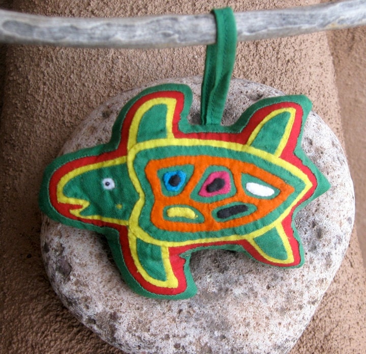 Adorable Hanging Herbal Sea Turtle - ON SALE - Hand Sewn MOLA Reverse Applique Ornament