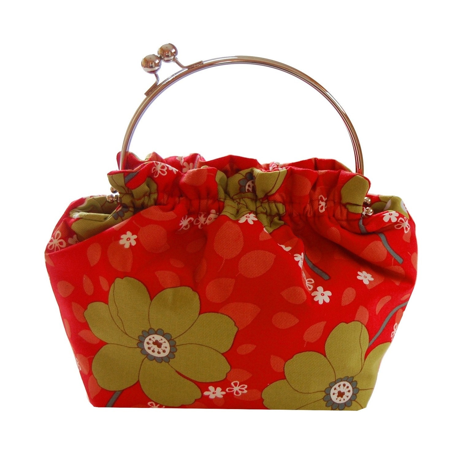 Mod purse with Spring green blossoms on red