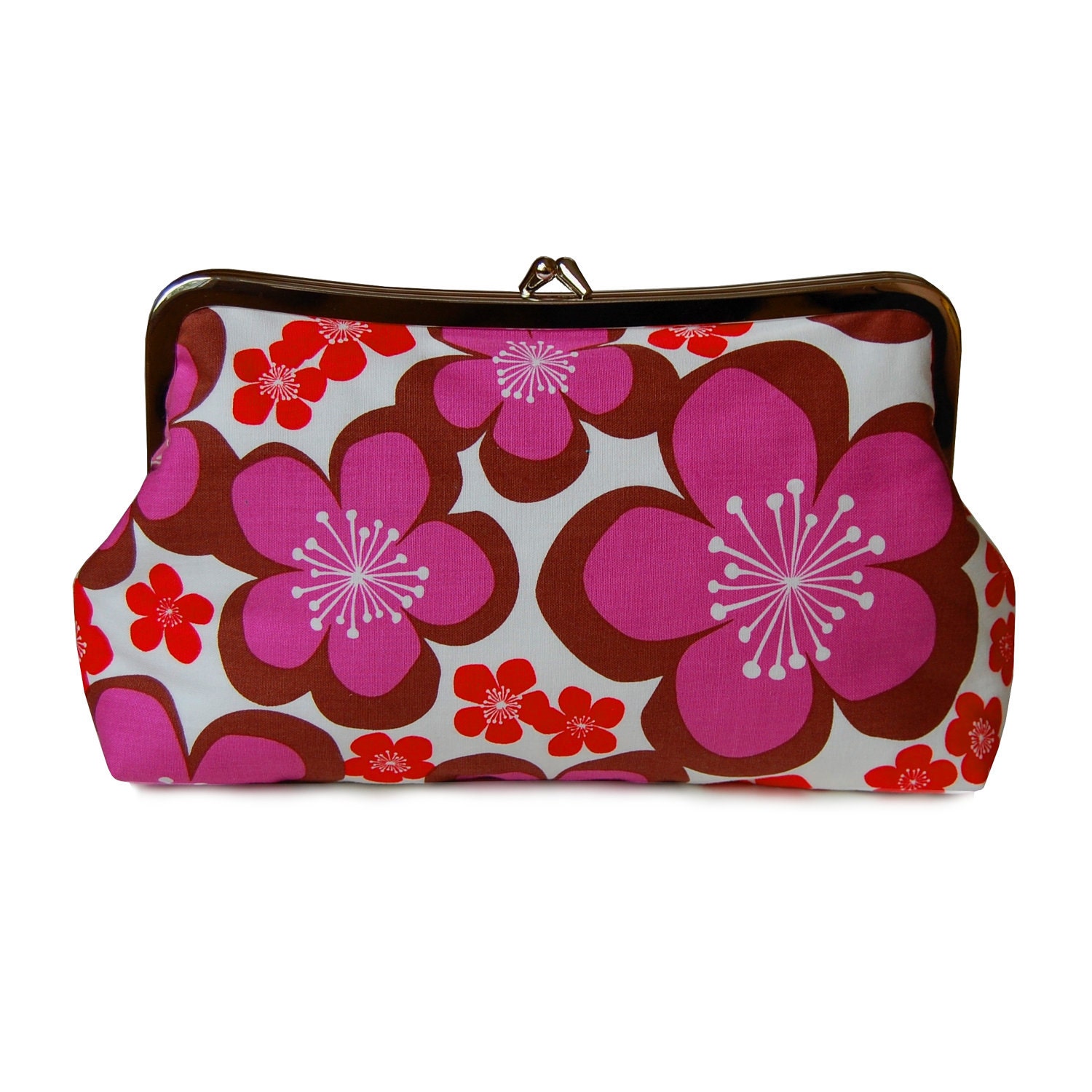 Clutch purse with mod purple flowers on organic cotton