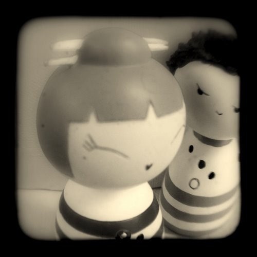 Whimsical Photography Nursery Room Home Decor 4x4 Childs Art Photo Print Kids Room - Black and White Stripes Kokeshi Dolls Kawaii Photograph