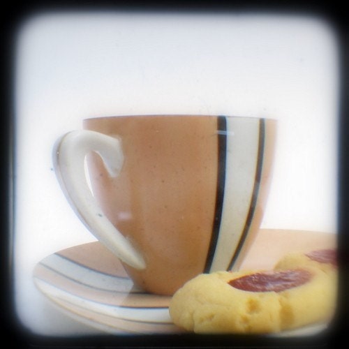 Photo Print Coffee TTV 4x4 Tea Jam Drops Retro Vintage Tea Cup Brown White Saucer Biscuits
