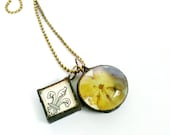 Pressed Flower Necklace, Fleur de lis Charm, Hydrangea Blossom Necklace, Charm Necklace, Soldered Art Jewelry, Dried Flower Necklace, Yellow