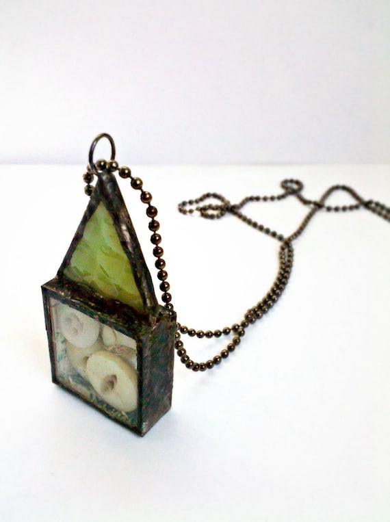 Stained Glass Antique Button Soldered Shadowbox Button House Necklace