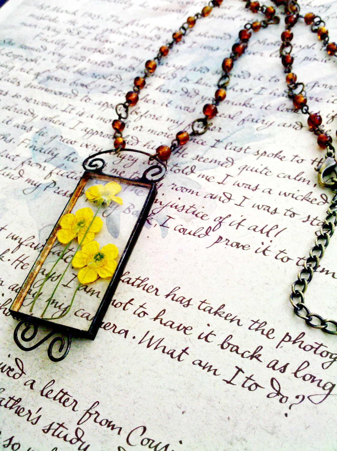 Yellow Buttercup Necklace, Soldered Glass Necklace, Amber Vintage Bead Chain Necklace, Yellow Floral Necklace, Pressed Flower Pendant