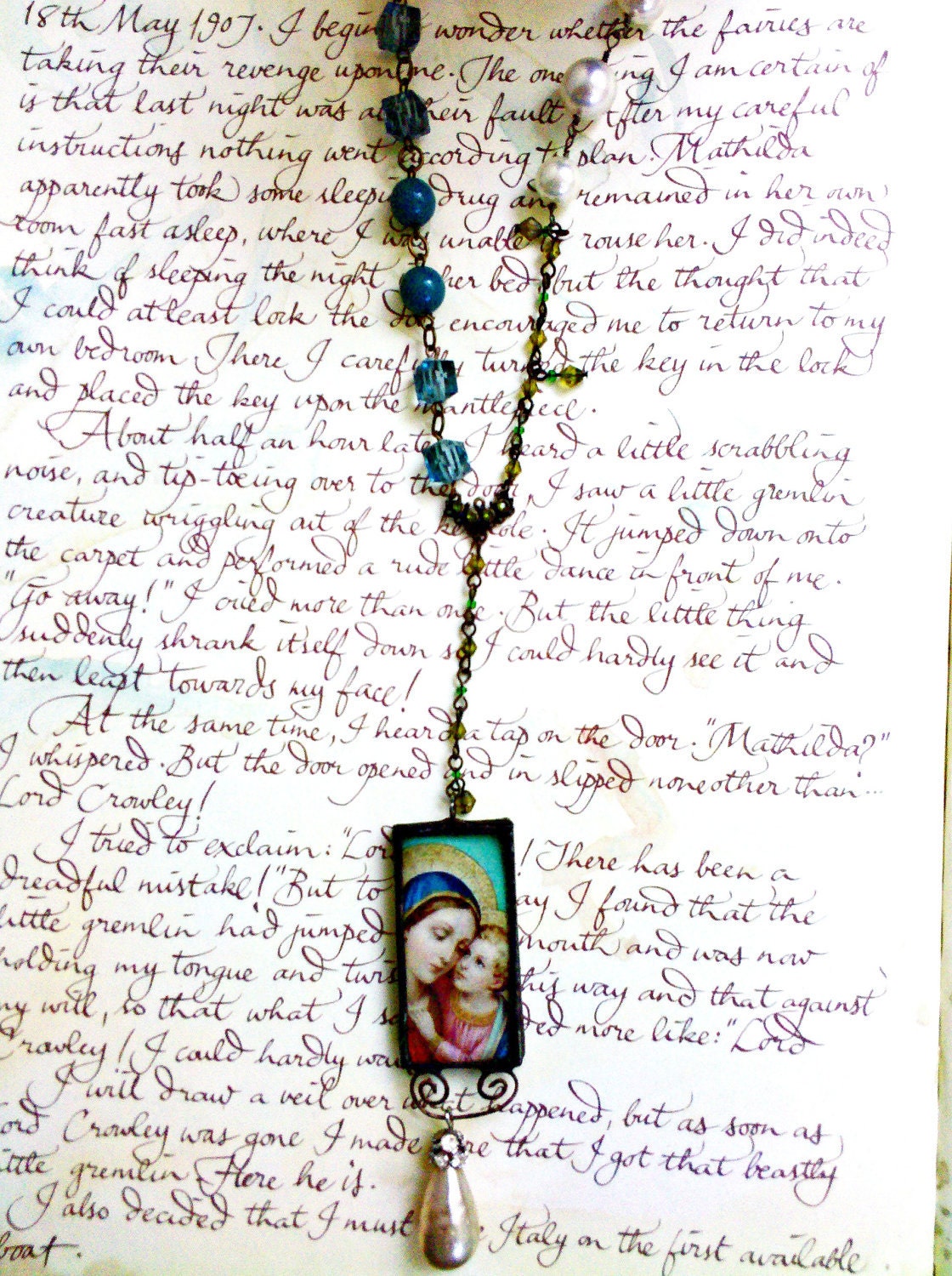 Rosary Style Religious Boho Vintage Bead Chain Soldered Madonna Virgin Mary Mother of God Stained Glass Pendant Necklace