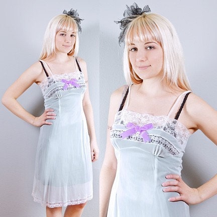 Vintage Pale Blue/Green Slip Dress w/ Lace and Lavender Bow - 34 Bust