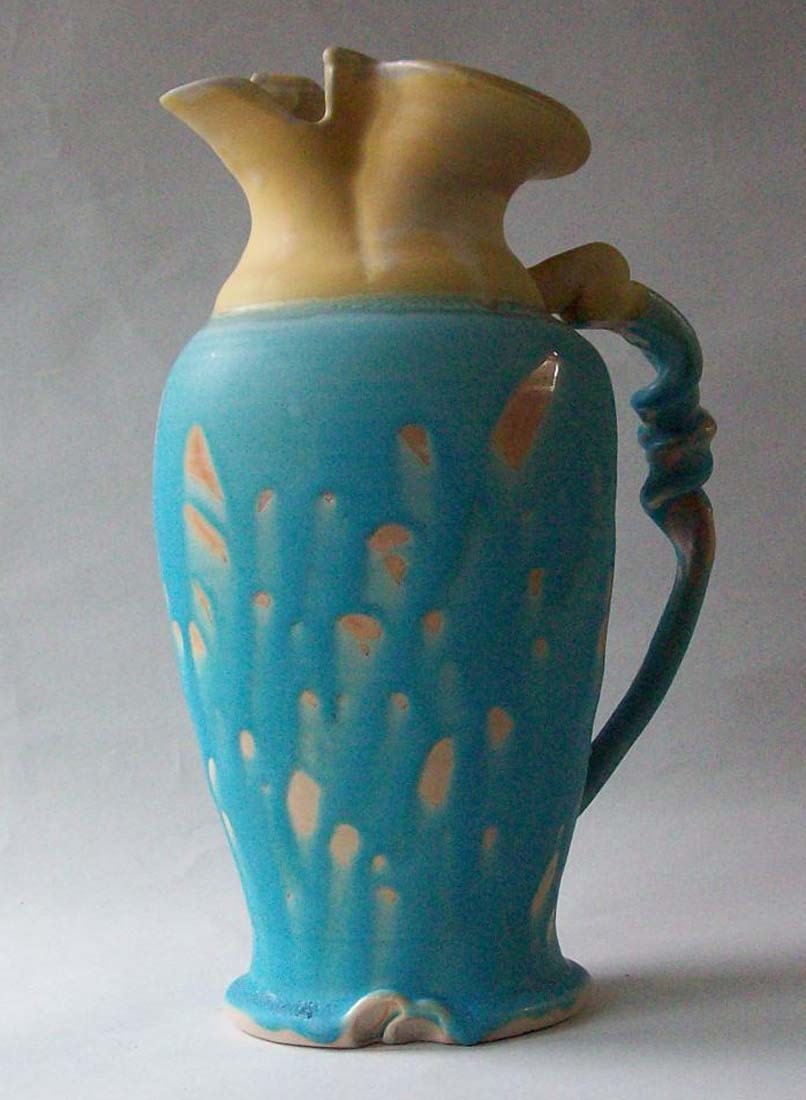 LARGE Pitcher Blue & Yellow Matte Glazed Curly Tourquoise, Gold, Robins egg, Aqua, Vase