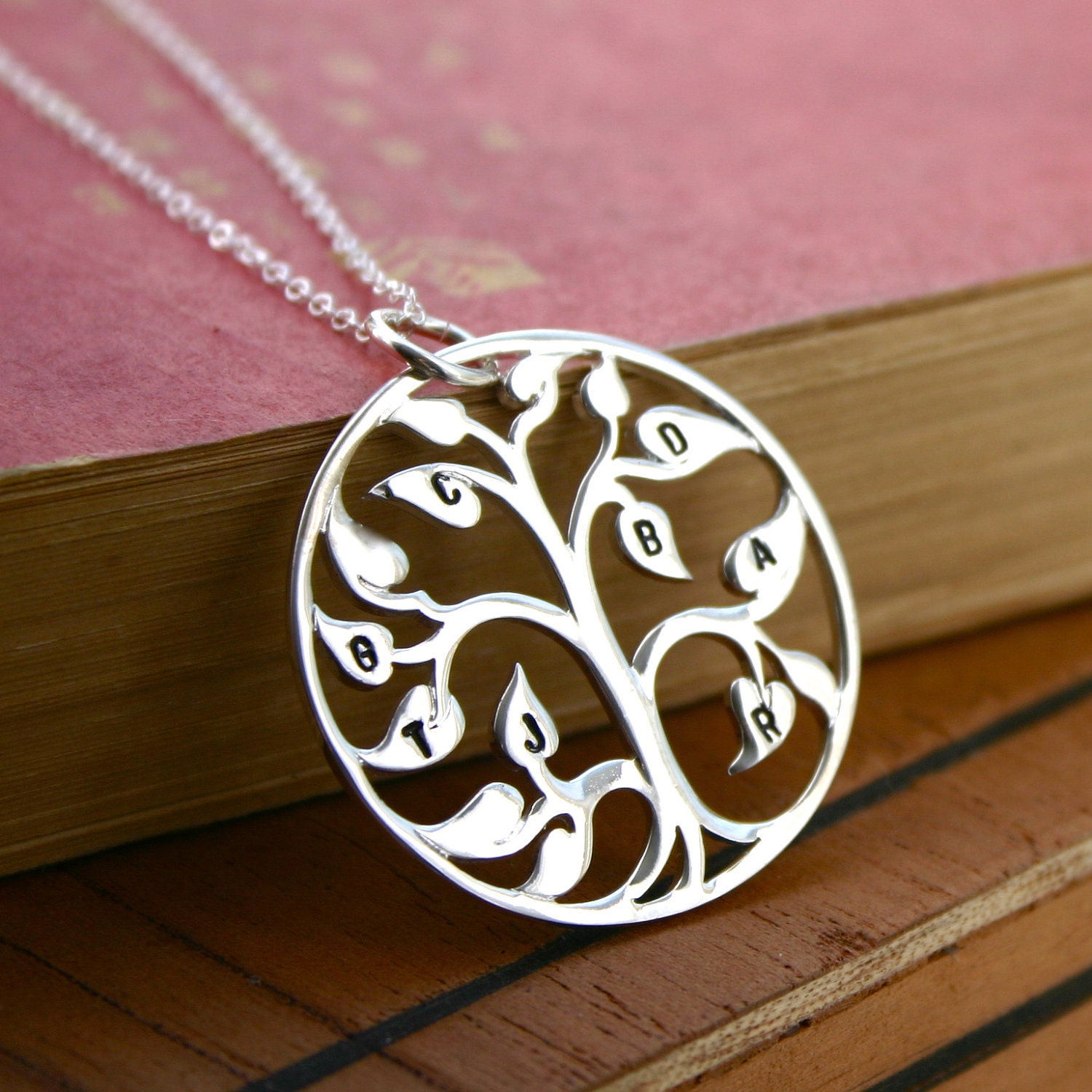 The Original Sterling silver family tree necklace - Stamped initial family tree of life - hand stamped jewelry