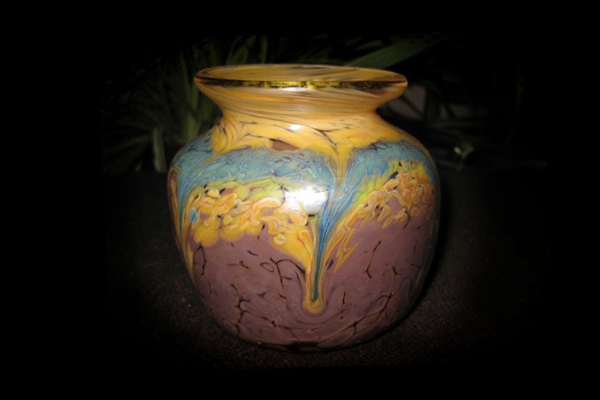 VASE Hand BLOWN GLASS art Lovely Handblown Vessel with the Iridescent Colors Mauve Golden Yellow and Powder Blue Signed Original Artwork