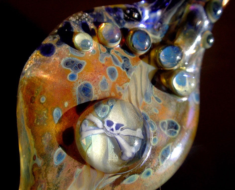 YAAAARRRR PIRATE PENDANT Lampwork Glass Focal Boro Charm Jolly Roger Jewelry Treasure Helen Lee Hoffman Glass Art  Bead