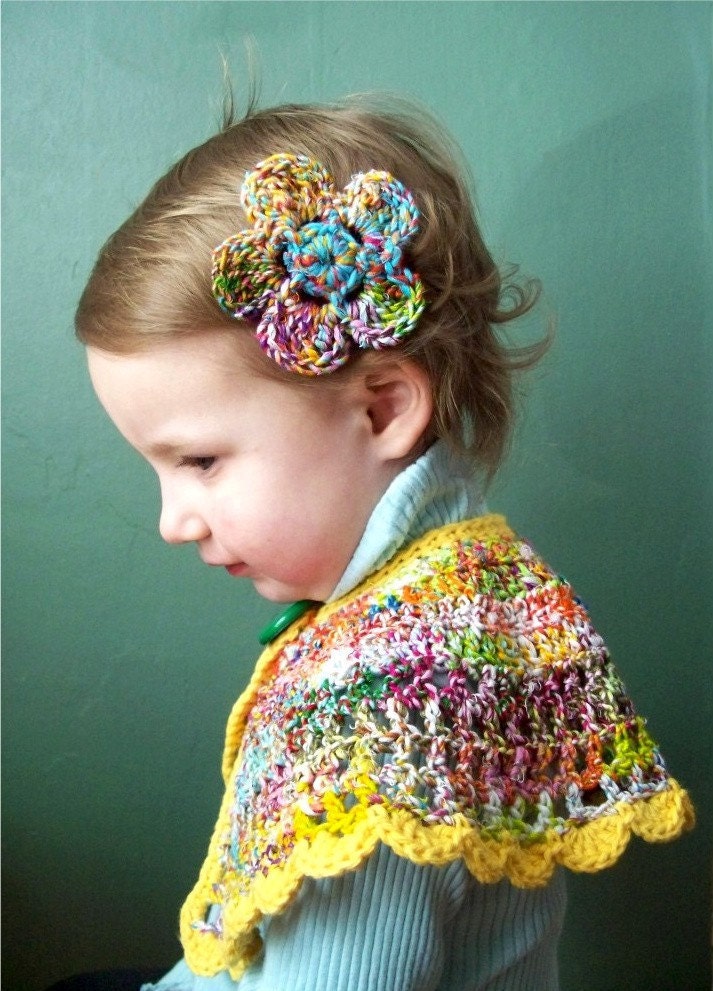 Toddler Capelet Crochet and Hair Clip 2T - 3T Rainbow Recycled Yarn