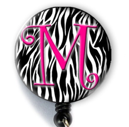 Retractable ID Badge Holder - Personalized Initial Zebra Print