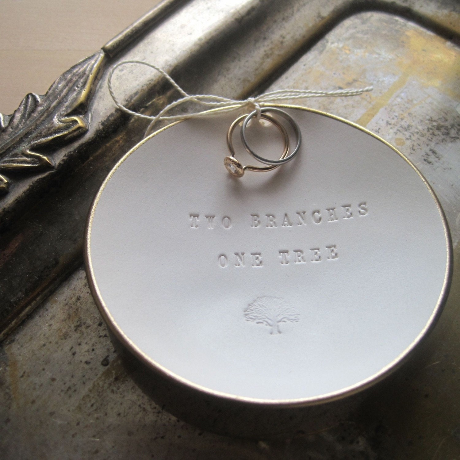 Ring Bearer Bowl ring pillow alternative Two Branches One Tree with gold leaf edge- ringbearer -Paloma's Nest