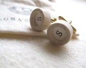 cuff links personalized small, porcelain with wood wooden bezel, with custom inital letter in black by Paloma's Nest