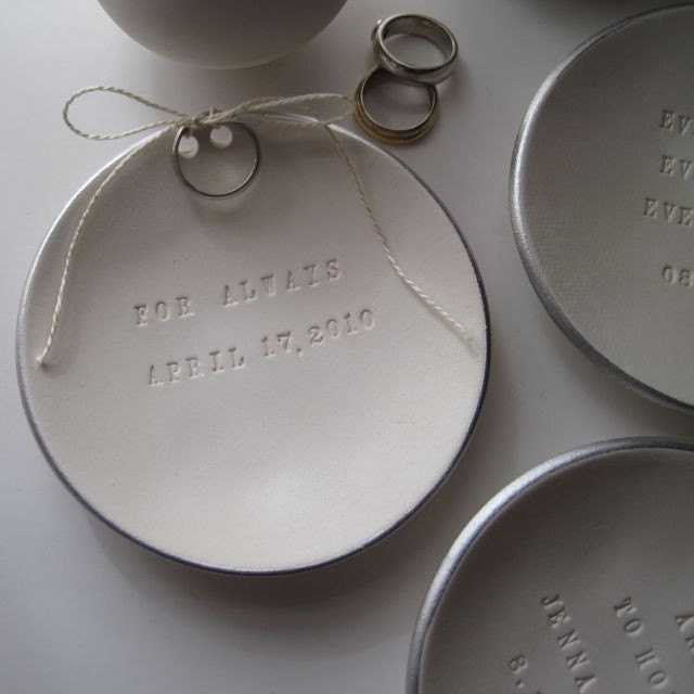 wedding ring dish, holder, name, wedding date, CUSTOM Ring Bearer Bowl with silver leaf rim - personalized ceramic -by Palomas Nest