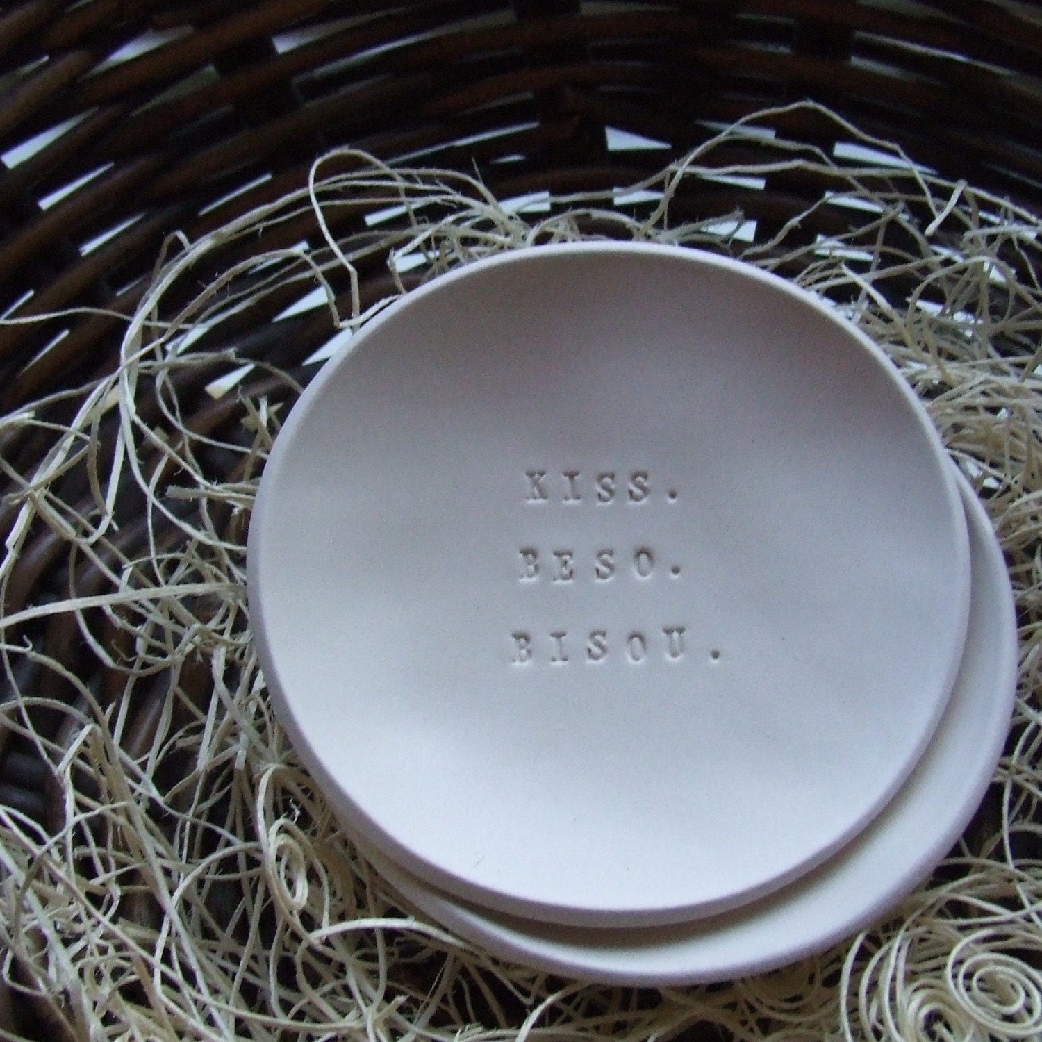 romantic KISS. BESO. BISOU. tiny text bowl by Paloma's Nest ring dish